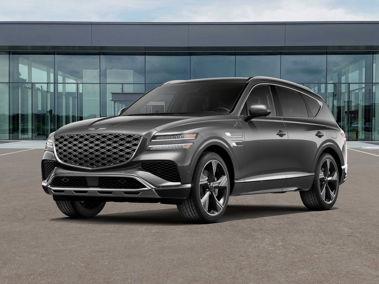 2026 Genesis GV80 3.5T Prestige in Makalu Gray — front three-quarter view