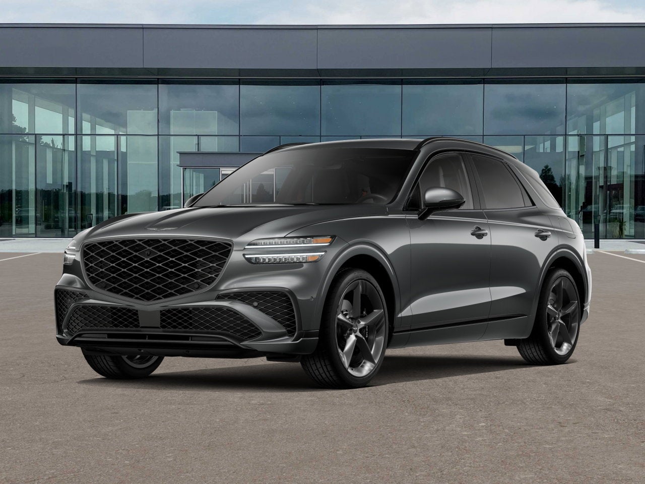 2026 Genesis GV70 3.5T SPORT PRESTIGE in Makalu Gray — front three-quarter view